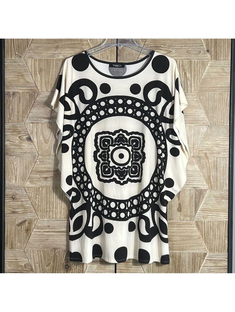 Varga Art to Wear Black White Tunic Dress Geometric Medallion Print Mod Small